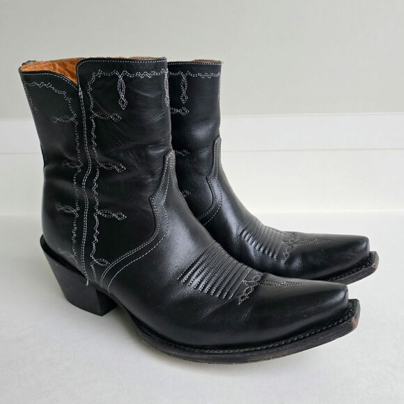 Lucchese Mila Boots Size 8 Black Leather Short Boot Side Zip Snub Toe Embroidery - Picture 2 of 16